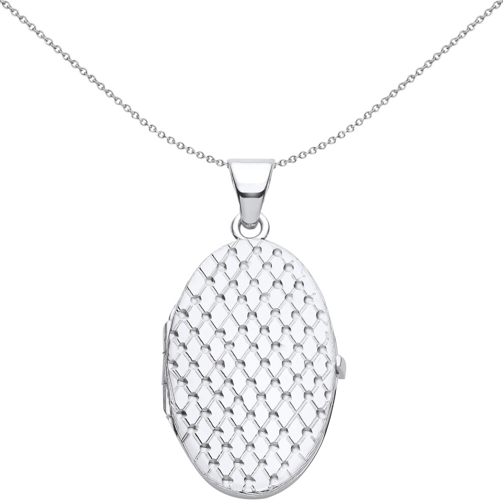 Jewelco London Ladies Rhodium Plated Sterling Silver Engraved Diamond Quilted Mesh Oval Locket Pendant Necklace - LK65