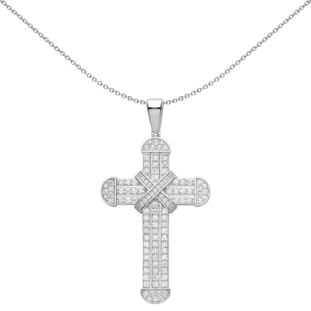 Jewelco London Unisex Rhodium Plated Sterling Silver CZ Dome Capped Kiss Cross Pendant Necklace 18 inch - GVX077