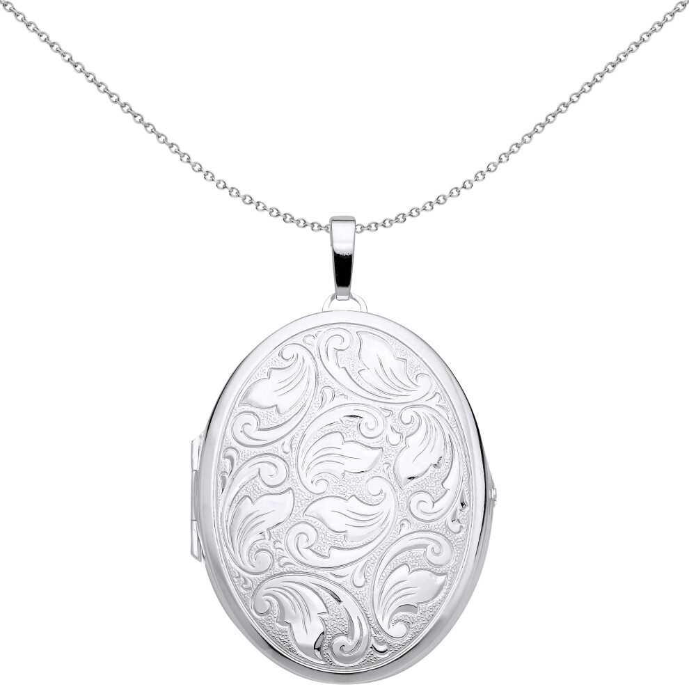 Jewelco London Ladies Rhodium Plated Sterling Silver Engraved Floral Filigree Oval Locket Pendant Necklace - LK66