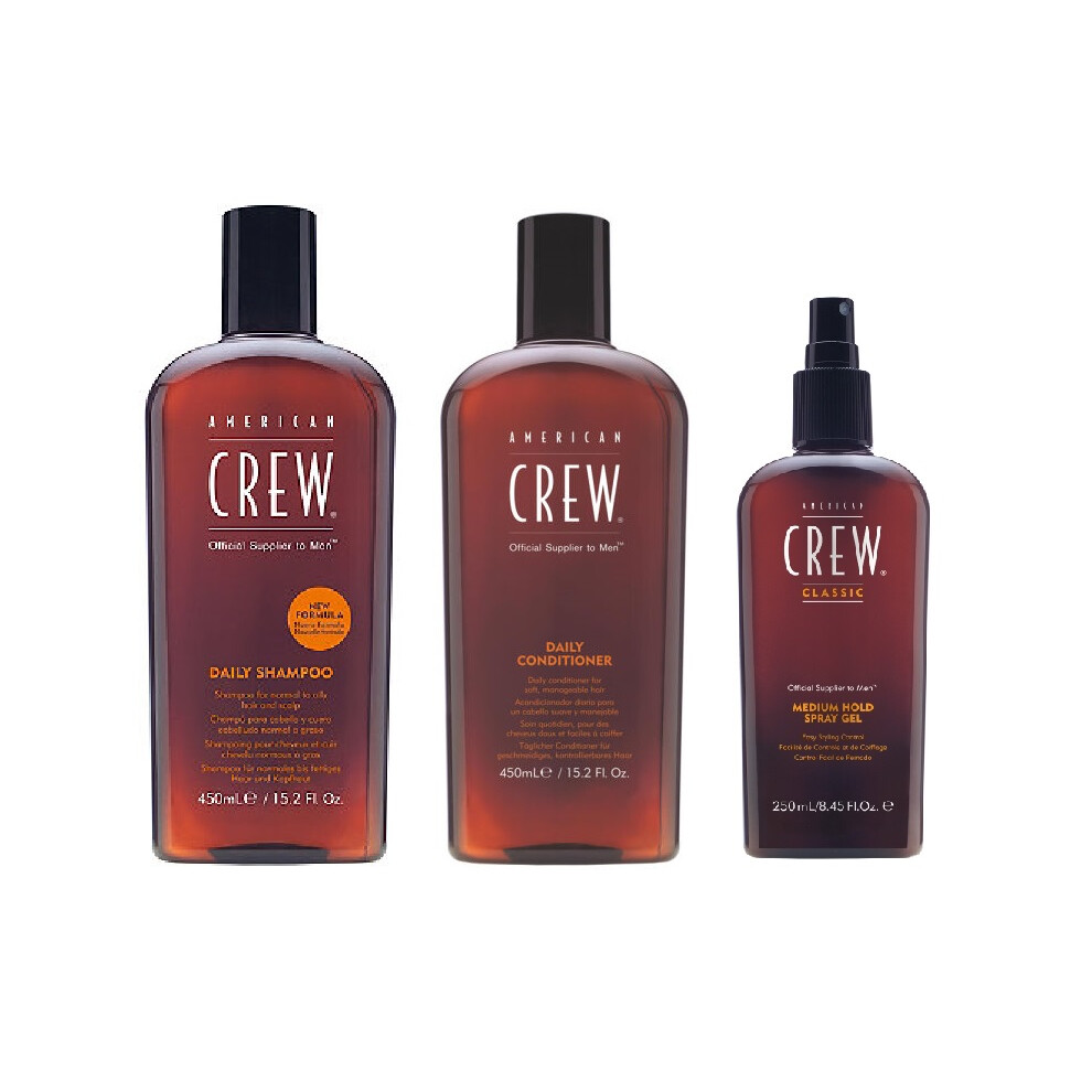 American Crew Daily Moisturizing Shampoo 450ml, Conditioner 450ml and Medium Hold Spray Gel 250ml