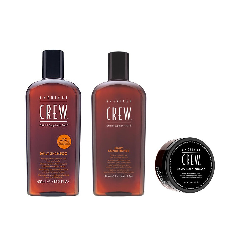 American Crew Daily Moisturizing Shampoo 450ml, Conditioner 450ml and Heavy Hold Pomade 85g