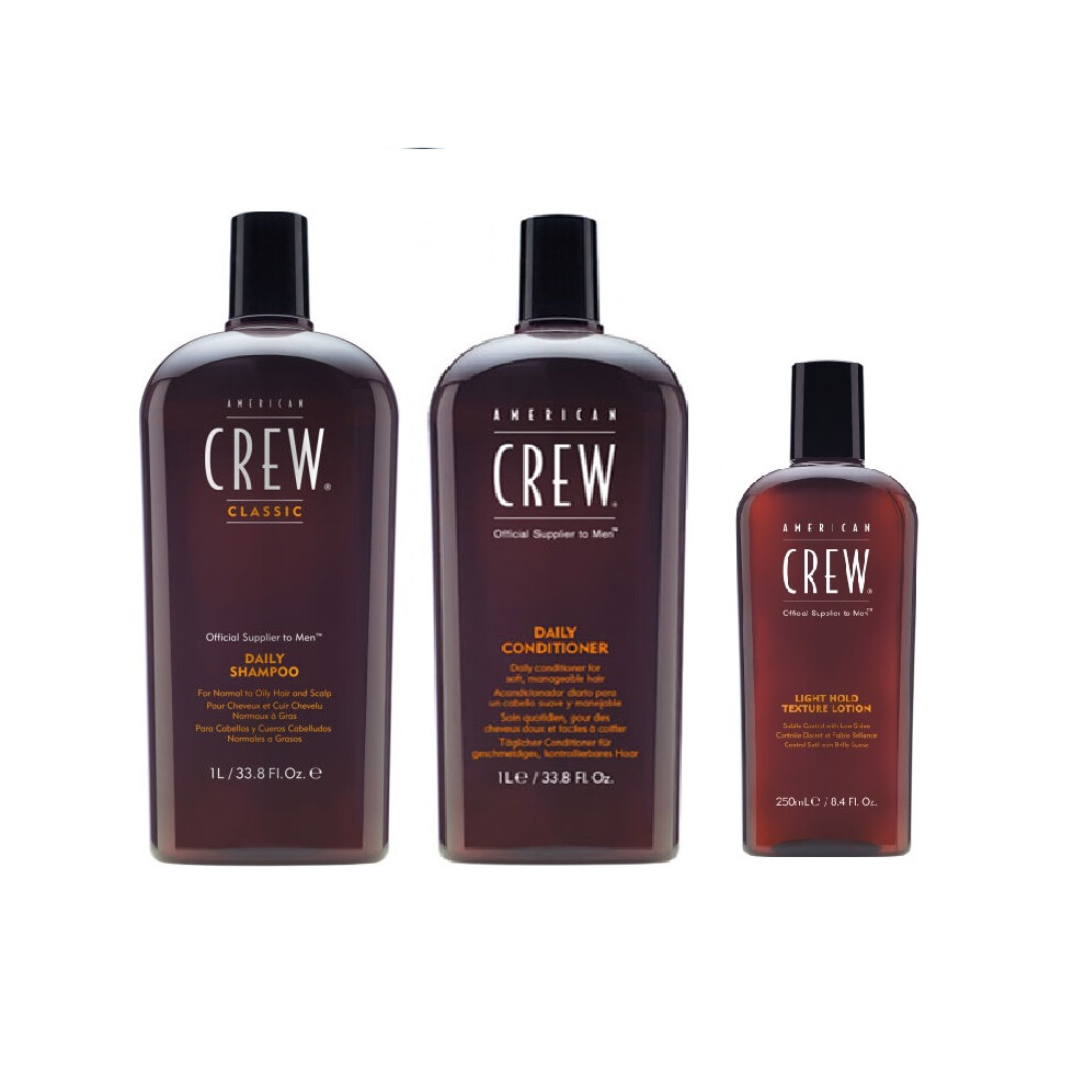 American Crew Daily Moisturizing Shampoo 1000ml, Conditioner 1000ml and Light Hold Texture Lotion 250ml