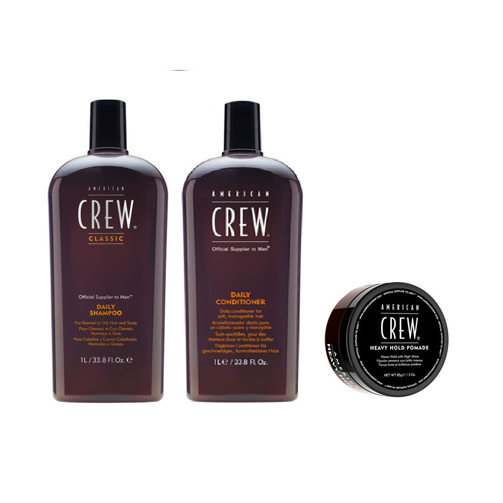 American Crew Daily Moisturizing Shampoo 1000ml, Conditioner 1000ml and Heavy Hold Pomade 85g