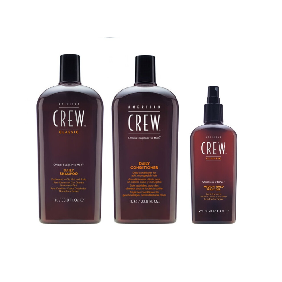 American Crew Daily Moisturizing Shampoo 1000ml, Conditioner 1000ml and Medium Hold Spray Gel 250ml