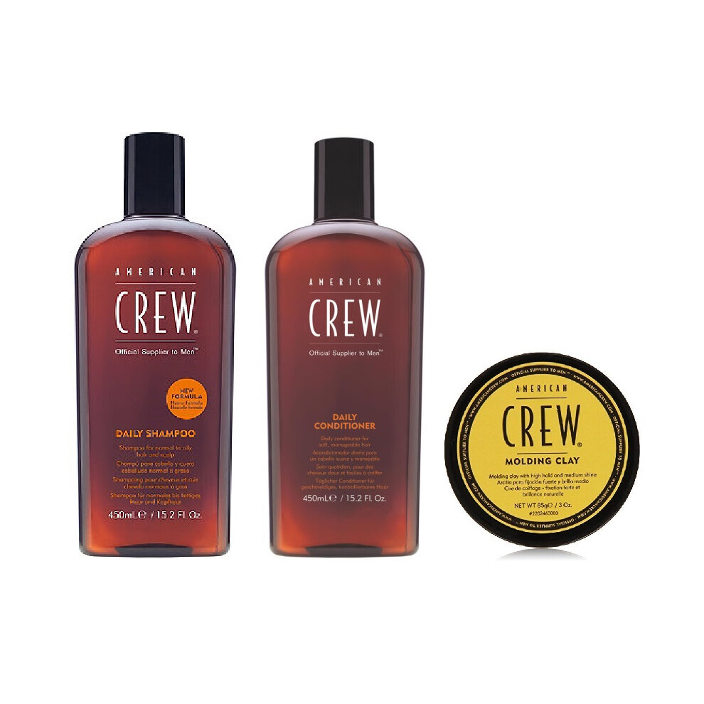 American Crew Daily Moisturizing Shampoo 450ml, Conditioner 450ml and Molding Clay 85ml