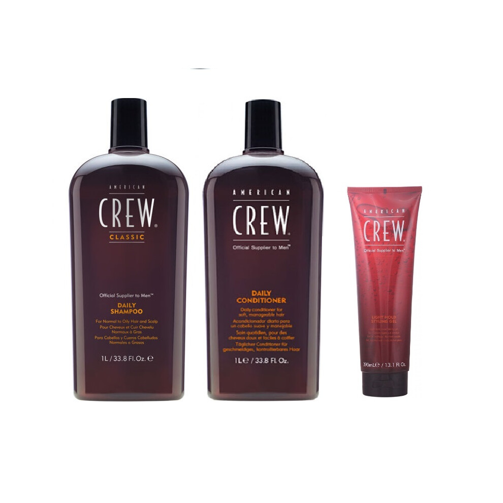 American Crew Daily Moisturizing Shampoo 1000ml, Conditioner 1000ml and Light Hold Gel 390ml