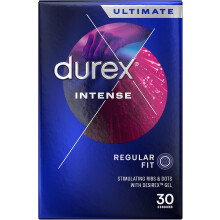 Durex Intense Condoms, Regular Fit, 30s, Easy On Shape, Dotted and Ribbed, Extra Stimulation, With Desirex Gel