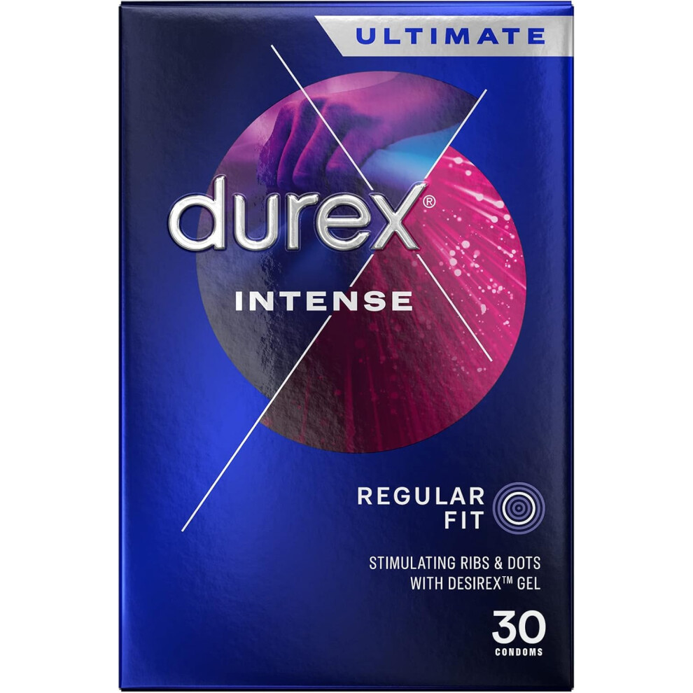 Durex Intense Condoms, Regular Fit, 30s, Easy On Shape, Dotted and Ribbed, Extra Stimulation, With Desirex Gel