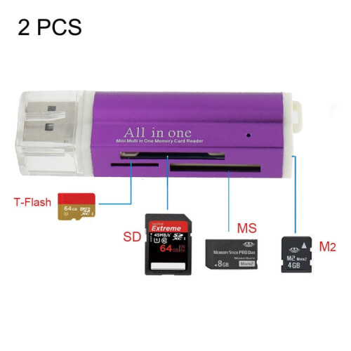 2 PCS Multi All in 1 USB 2.0 Micro SD SDHC TF M2 MMC MS PRO DUO Memory Card Reader(Purple) 2