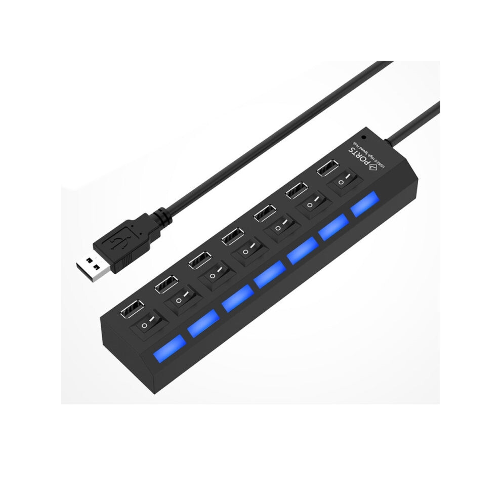 7 Ports USB Hub 2.0 USB Splitter High Speed 480Mbps with ON/OFF Switch / 7 LEDs(Black)