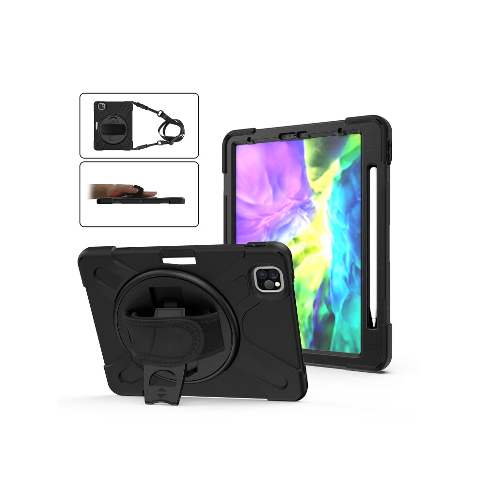 For Ipad Pro 12.9 2020 / 2018 360 Degree Rotation Silicone Protective Cover With Holder & Hand Strap & Long Strap & Pencil Slot(Black) Black 8435397116973