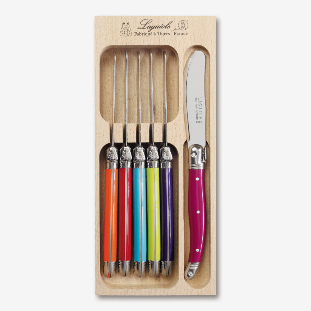 (Multicolour) Laguiole 6 Piece Butter Knife Set in Wooden Tray
