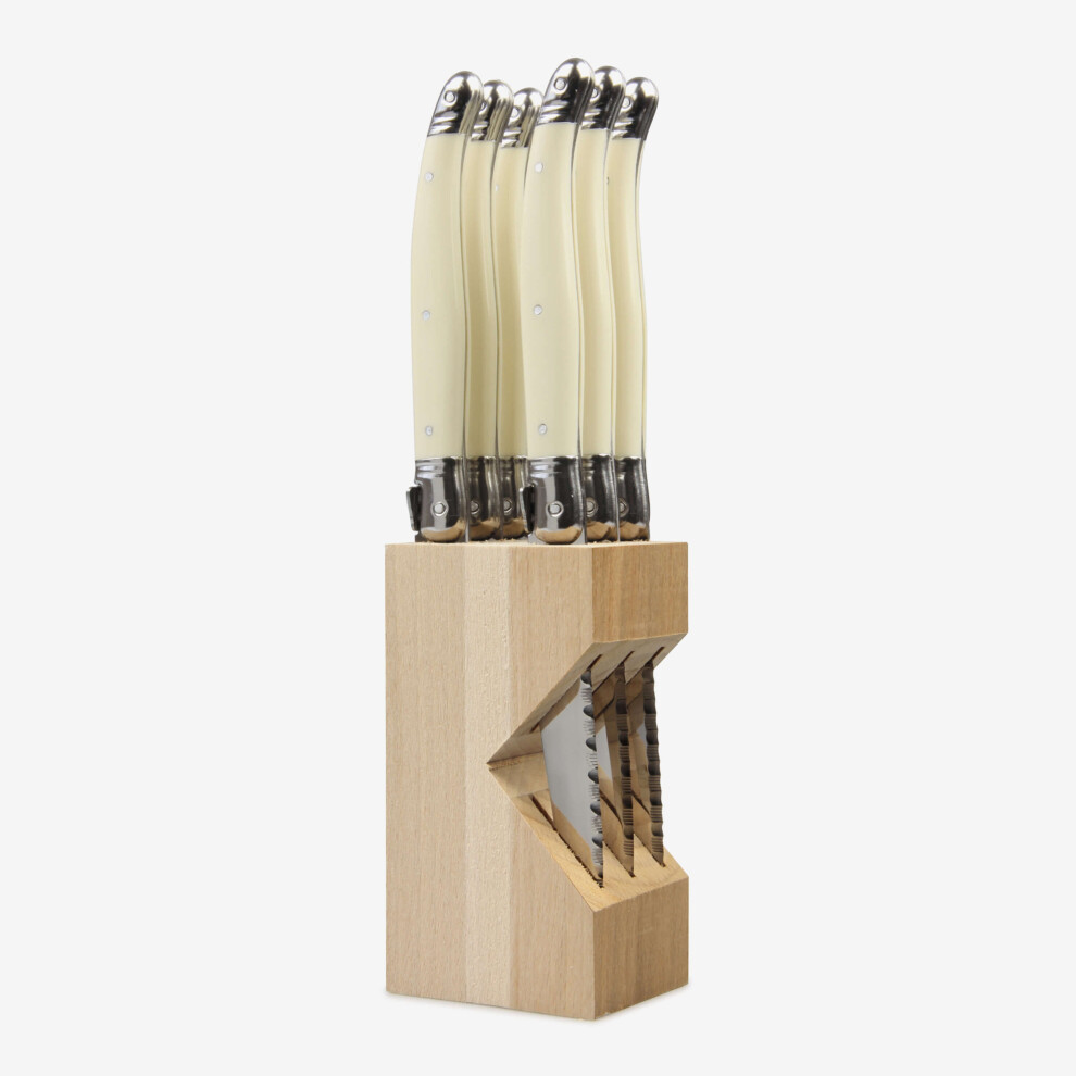 (Ivory) Laguiole 6 Piece Steak Knife Set in Wooden Block, 100% Made in France