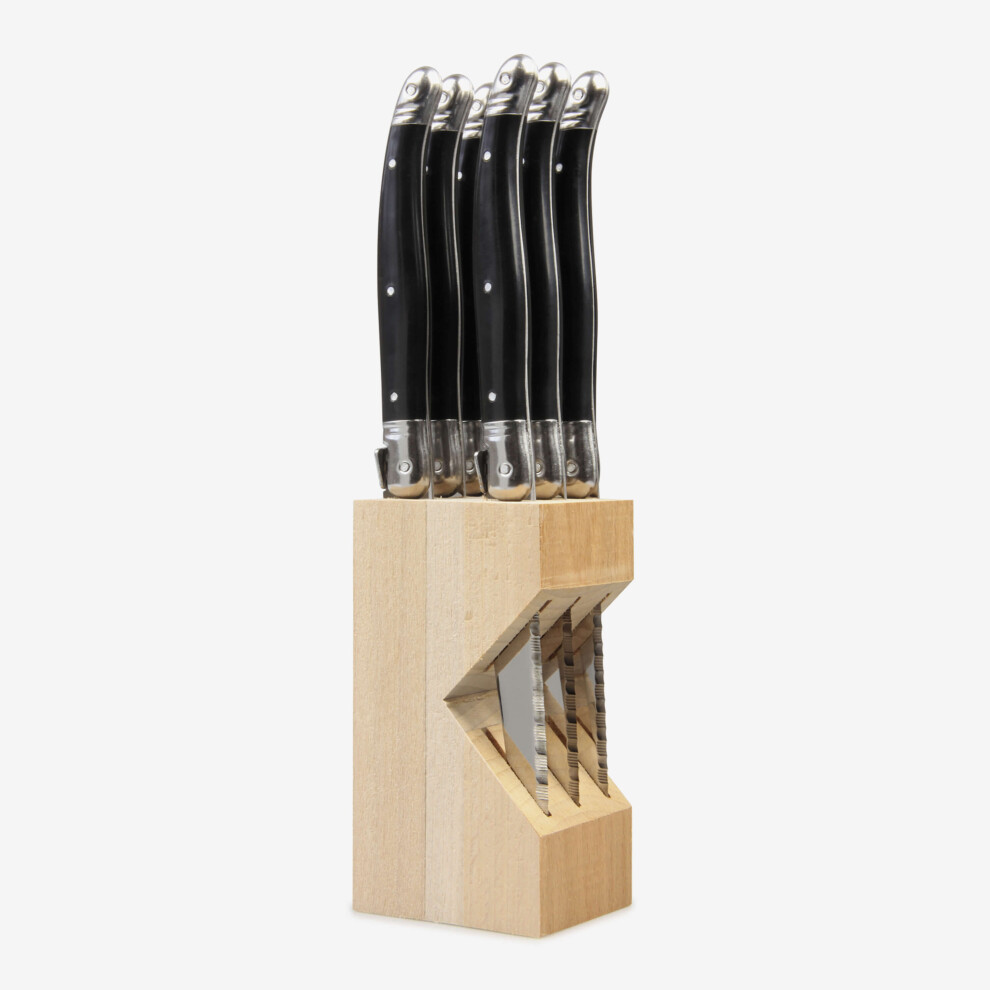 (Black) Laguiole 6 Piece Steak Knife Set in Wooden Block, 100% Made in France