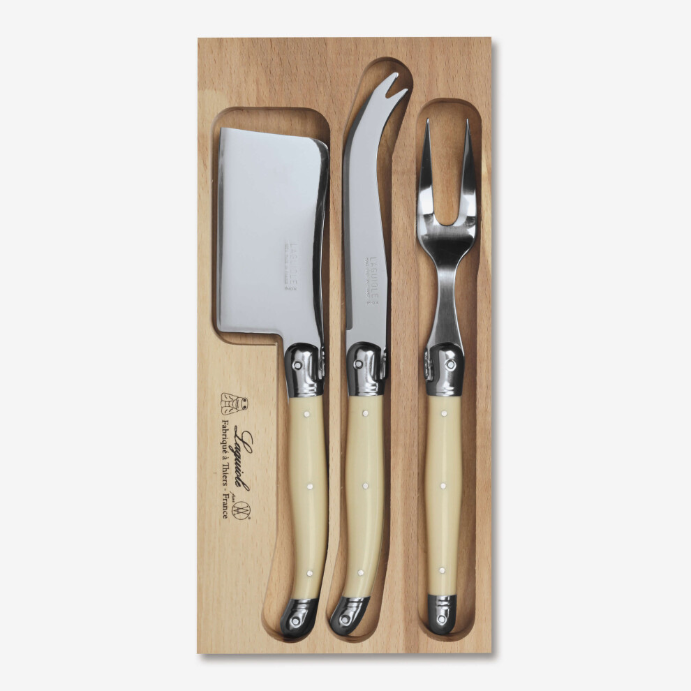 (Ivory) Laguiole Cheese Knife, Fork & Cleaver Set in Wooden Tray, 100% Made In France