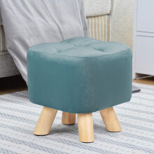 Modern Small Square Velvet Buttoned Footrest with Wooden Legs