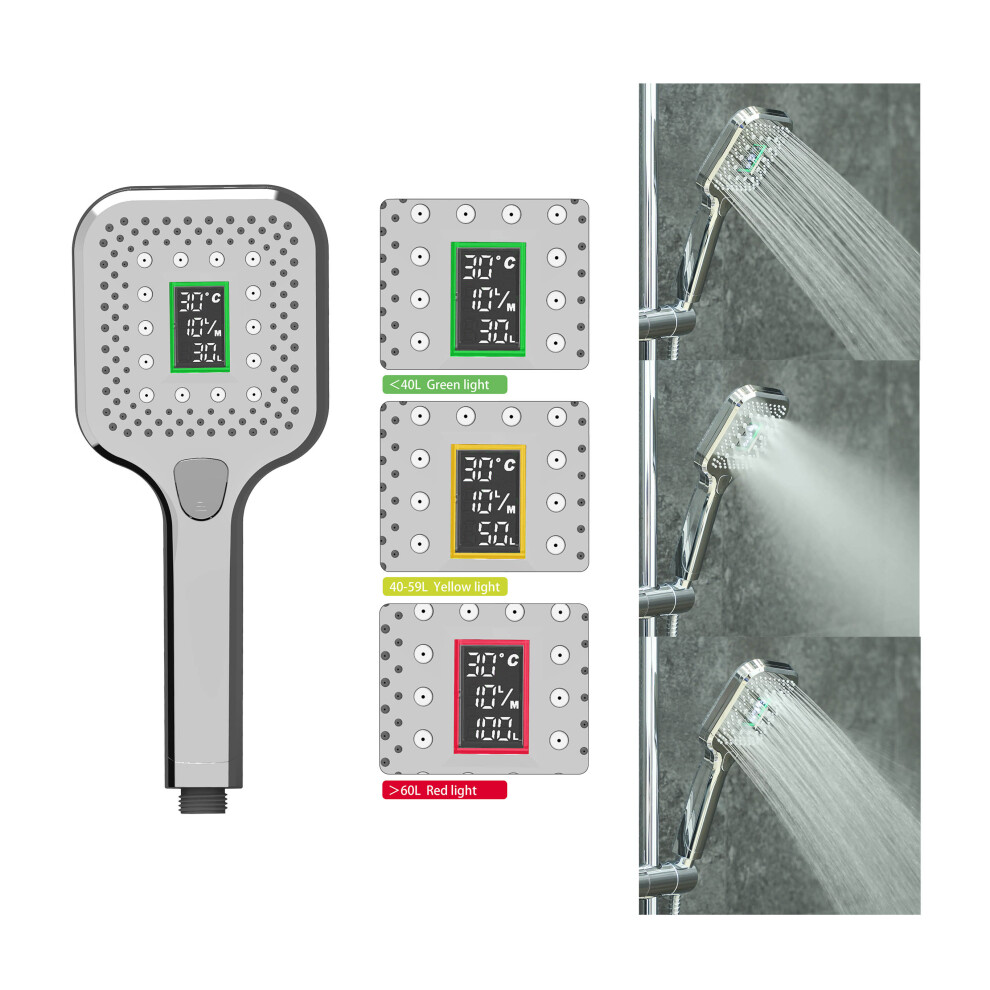 (Square Style ) LOWENERGIE Shower Head & LCD Screen Timer with Flow Meter Water Energy Saving Self Powered