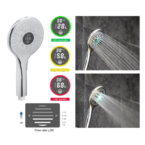 Lowenergie (Round Style) LOWENERGIE Shower Head & LCD Screen Timer with Flow Meter Water Energy Saving Self Powered