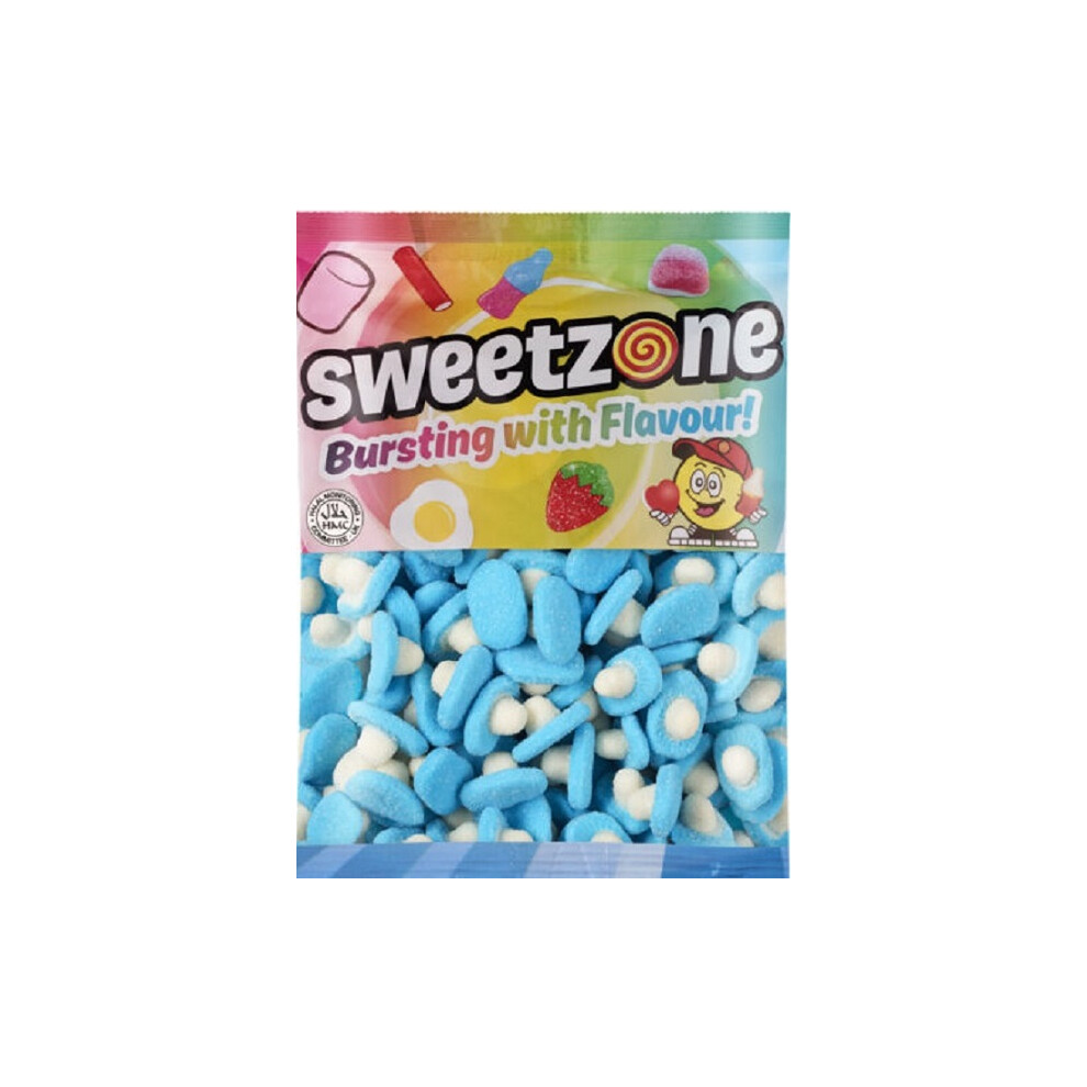 (Blue Raspberry Mushrooms 1KG Bag - 1F004) Halal Sweets Party Mix, Fizzy Cherry Bottles, Fizzy Mix 1kg Bag Halal HMC Sweets