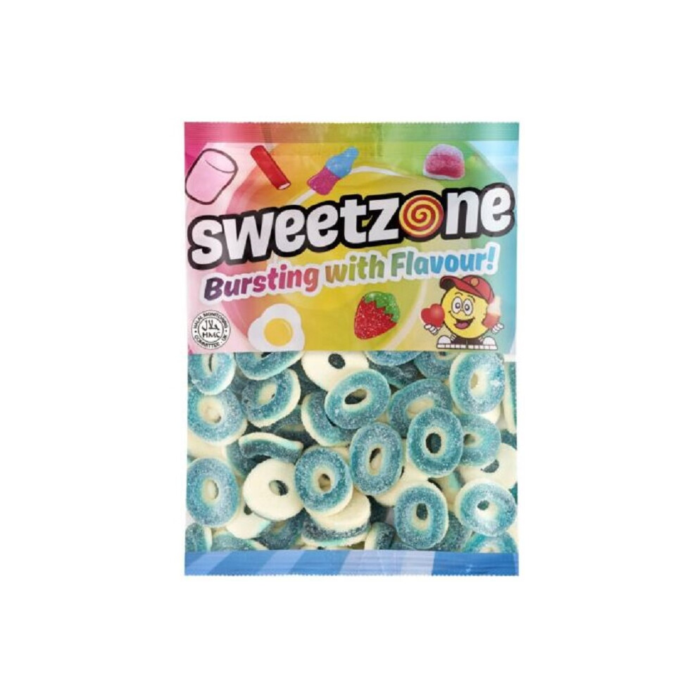 (Blue Raspberry Rings 1KG Bag - 1F005) Halal Sweets Party Mix, Fizzy Cherry Bottles, Fizzy Mix 1kg Bag Halal HMC Sweets