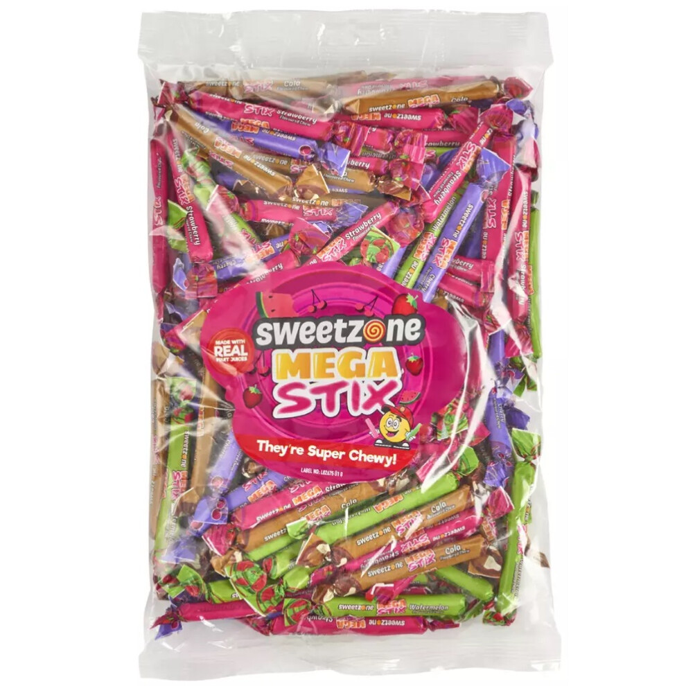 Sweetzone (Mega Stix 1Kg Bag - 1F075) Halal Sweets Party Mix, Fizzy Cherry Bottles, Fizzy Mix 1Kg Bag Halal Hmc Sweets