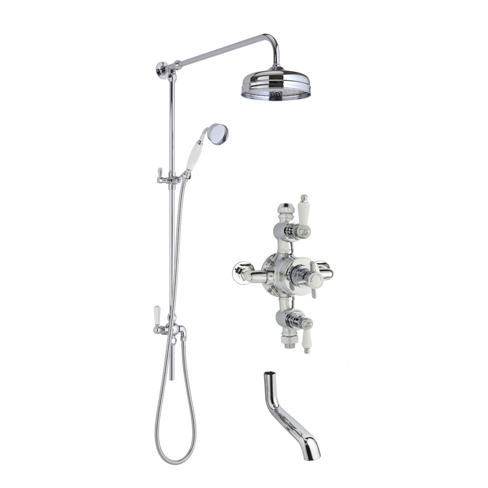 Kingsey Traditional Shower Triple Exposed Valve with Rigid Riser Shower & Bath Spout Set - Chrome/White - Balterley