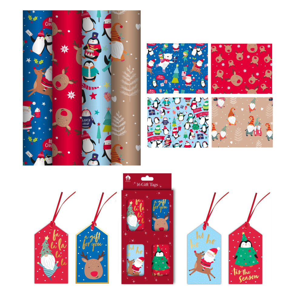 4x 7M Cute Christmas Wrapping Paper Rolls Xmas Gift Wrap plus 16 Tags