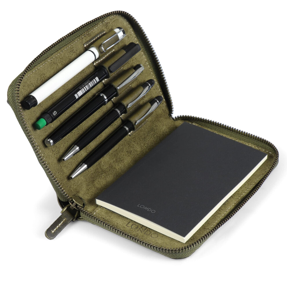 LONDO Genuine Leather Padfolio with Pen Holder Notepad and Zip (Green)