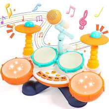 Kids Drum Kit 8002B - Safe Baby Drum Set with 4 Pads, 2 Cymbals, Adjustable Mic, 3 Modes, 10 Songs - Eco ABS Toy Gift for 1-2 Year Olds