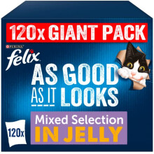 Felix As Good As It Looks Adult Wet Cat Food Mixed in Jelly Beef, Cod, Tuna and Chicken 120 x 100g Pouches