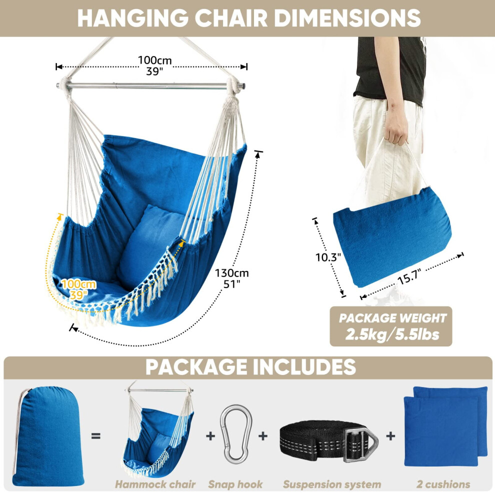 Chihee Hammock Chair Hanging Swing Max 500 Lbs 2 Cushions Included Steel Spreader Bar with Anti Slip Grooves Portable Hanging Chair Side Pocket Large on OnBuy