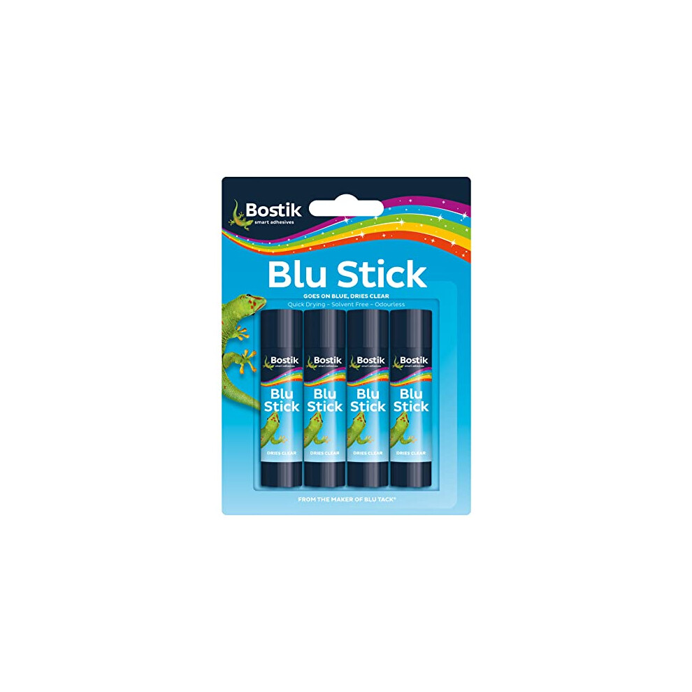 Bostik Blu Stick Glue Sticks, Goes on Blue, Dries Clear, Solvent Free, Washable, 4 x 8g sticks