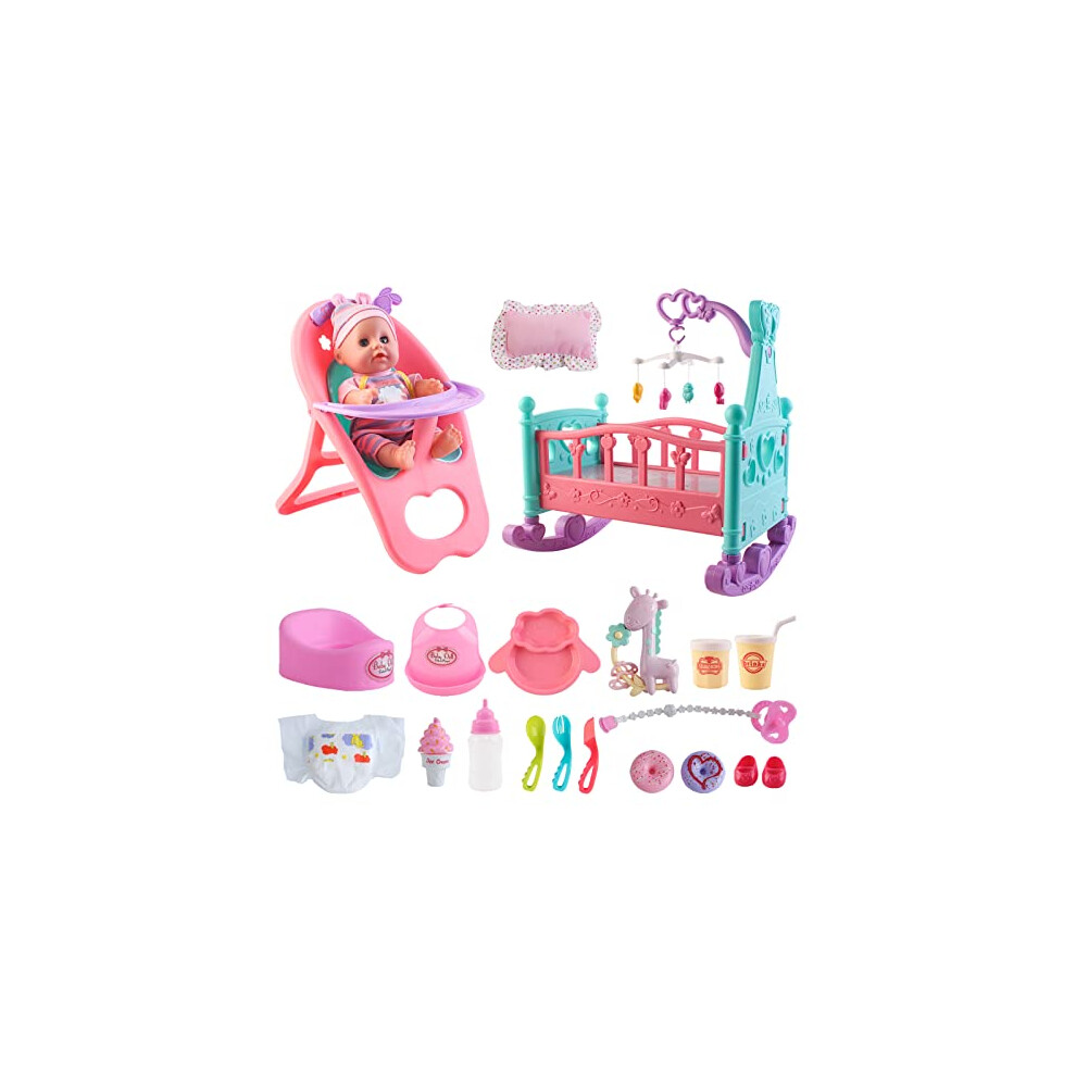 deAO ?My First Baby Doll? Play Set Includes Miniature Crib, High Chair, Feeding Accessories - 21 Pieces Toy Play Set (Baby Doll Included)