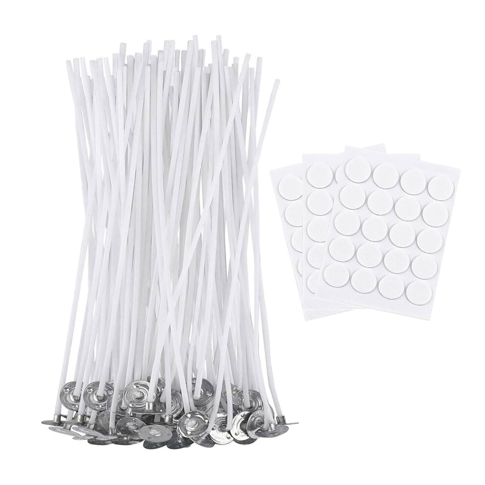 ALLAVA Candle Wicks for Making Candles, 50 Pcs 10cm Candle Wick with 60 Pcs Candle Wick Stickers, Long Lasting Low Smoke Ideal Candle Wicks for Making