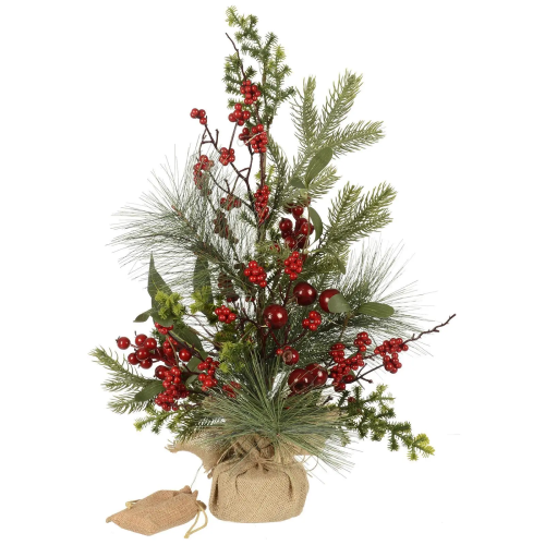 60cm Pre-Lit Christmas Tree with Red Berries - Pine & Jute Base Decor