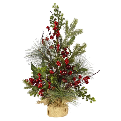 60cm Pre-Lit Christmas Tree with Red Berries - Pine & Jute Base Decor 2