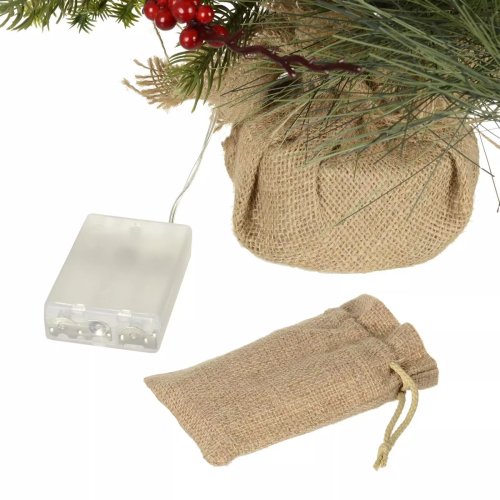 60cm Pre-Lit Christmas Tree with Red Berries - Pine & Jute Base Decor 1