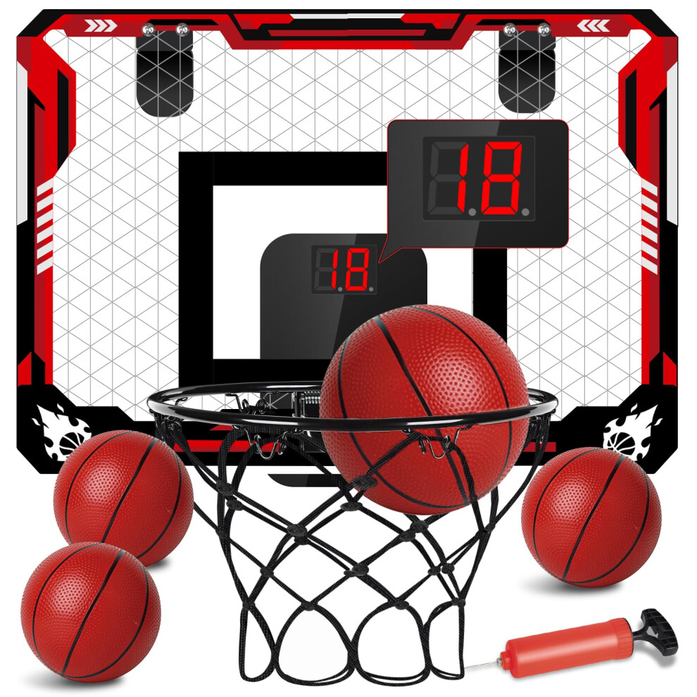 KIZJORYA Basketball Hoop Indoor, Mini Basketball Hoop for Kid with Electronic Scoreboard & 4 Balls, Foldable Over The Door Fan Backboard Toy Sports