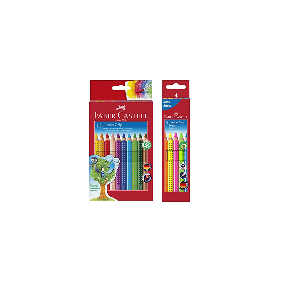 Faber-Castell 110912 Colored pencils Jumbogrip (including sharpener) 12 cardboard box. 6 + 12 Bundle neon + bunt