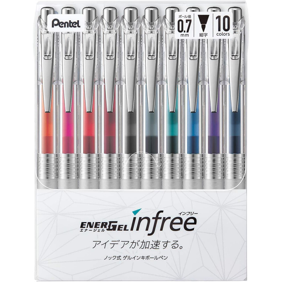 Pentel Gel Ink Ballpoint retractable Pen, EnerGel Infree, Fine point 0.7mm, 10 Colors