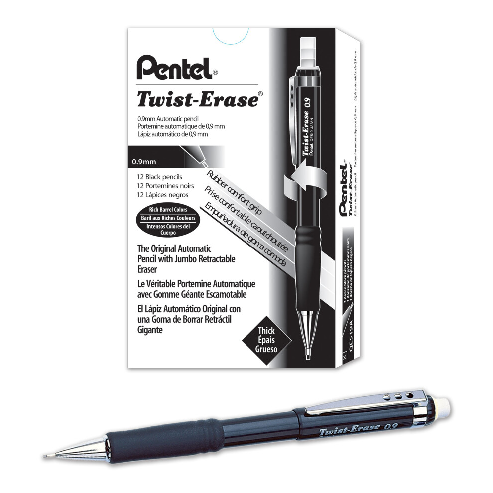 Pentel 0.9mm Twist Erase Mechanical Pencil (Pack of 12), Black