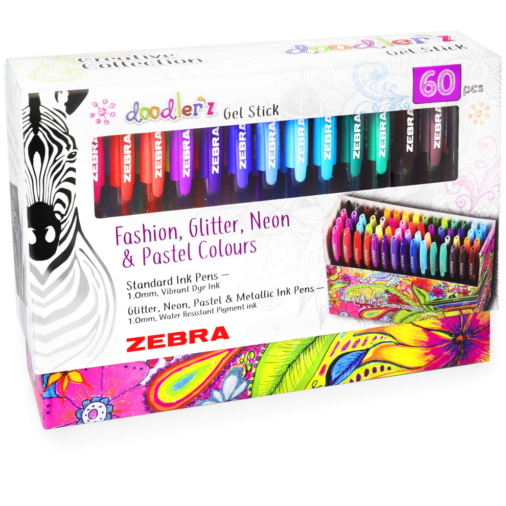 Zebra Doodler'z Gel Stick Pens - 1.0mm - Fashion, Glitter, Neon and Pastel Colours - Gift Box of 60 Pens