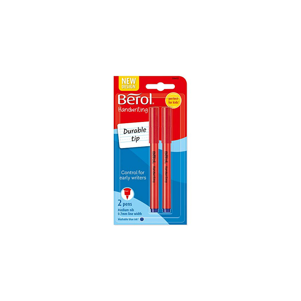 Berol Handwriting Pens | Round Shape is Easy to Hold | Washable Blue Ink | Bright Barrels | 2 Count