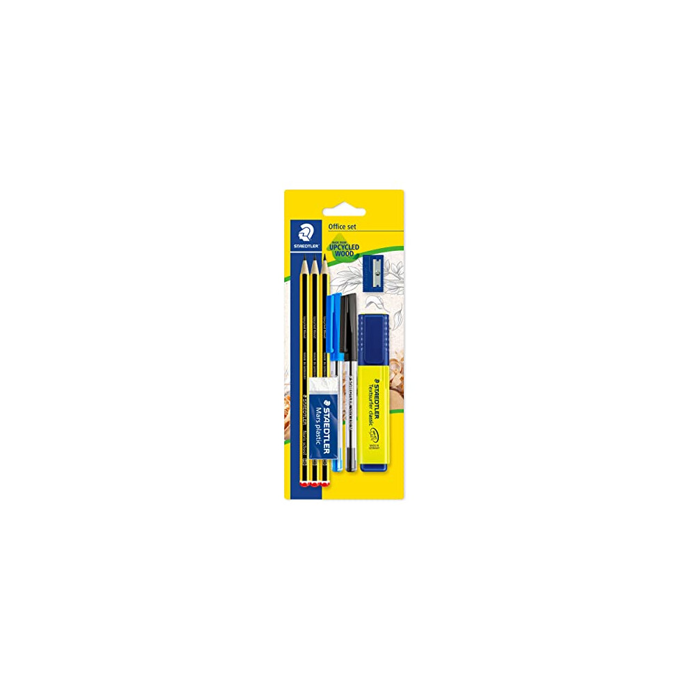 STAEDTLER 60 BK-4 Noris Office Set - Assorted Stationery Pack with 3 Graphite Pencils, 2 Pens, Highlighter, Eraser & Sharpener