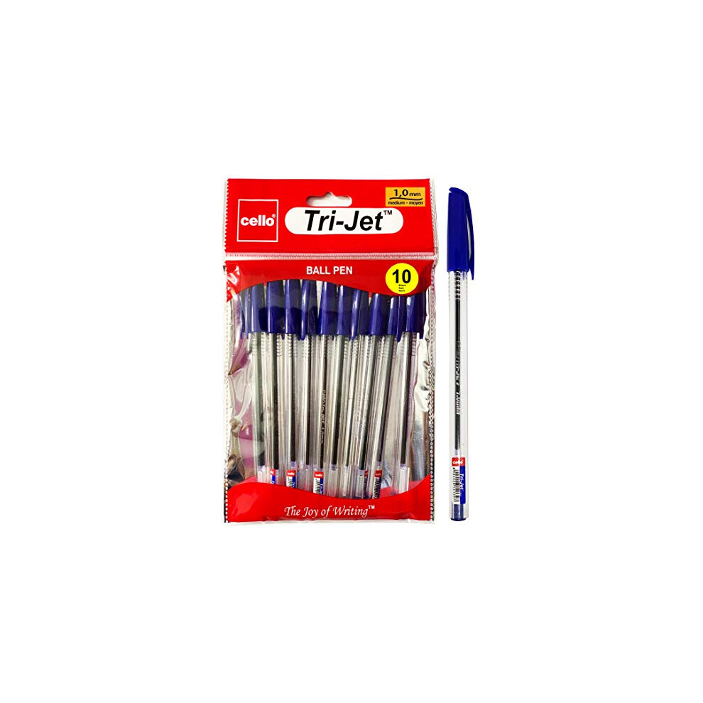 Cello Tri-Jet Ballpoint Pens Extra Grip Medium Point Biros (1.0 mm) - Blue Pens, Pack Of 10