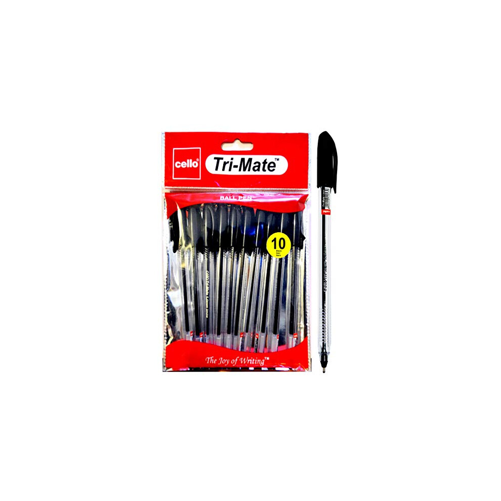 Cello Black Ballpoint Pens, Tri-Mate Medium Point Biros Multipack Pens | 1.0mm Ball Point Black Ink Pens for Writing | Ballpoint Pens Ideal for