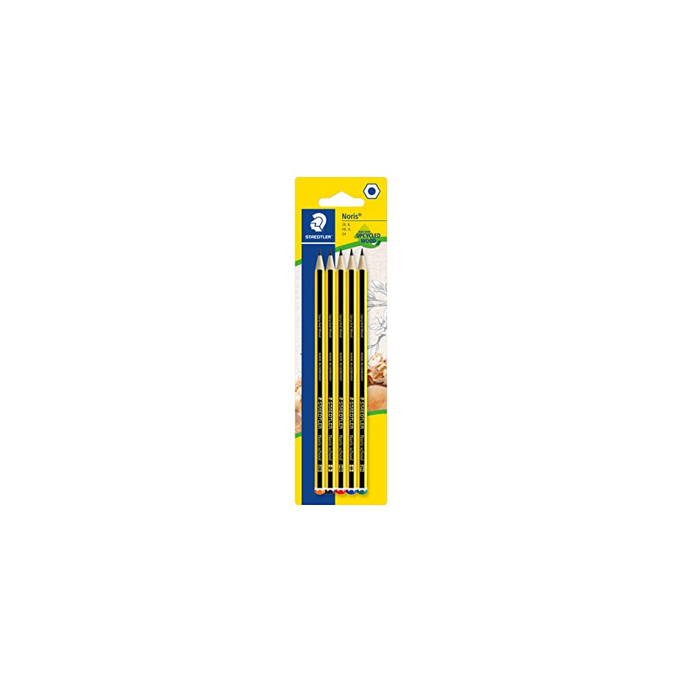 STAEDTLER 121-S BK5D Noris School Graphite Pencils - Assorted Degrees, 2B, B, HB, H, 2H (Pack of 5), Black