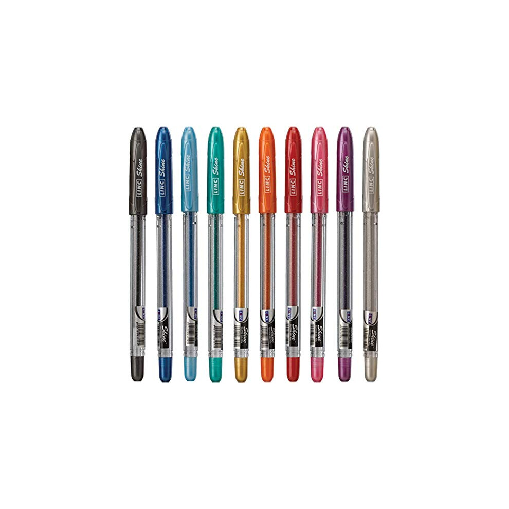 10 x Linc Shine Sparkled GLITTER Gel Pens 0.7 mm FINE Tip 10 colours