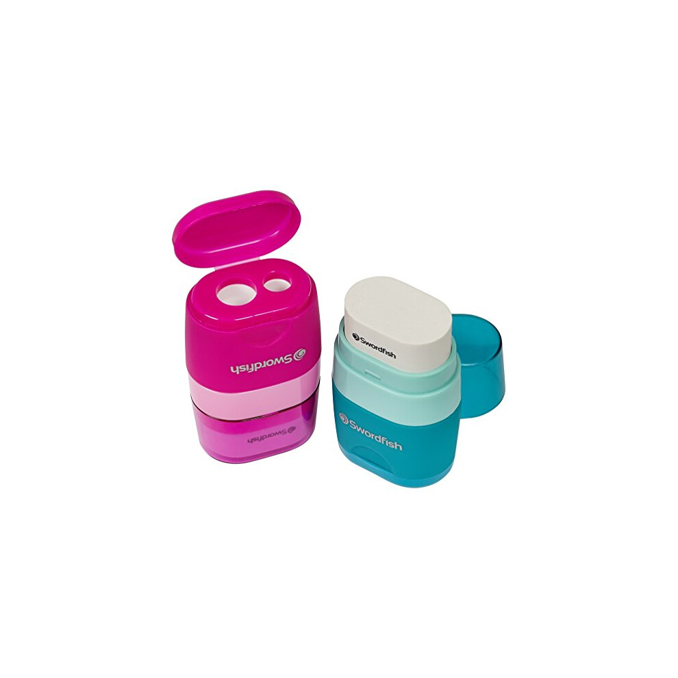 Swordfish ?Twin Combo? Double-Hole Pencil Sharpener and Eraser [Pack of 1] Assorted Colours [40296]