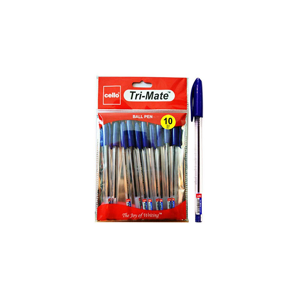 Cello Blue Ballpoint Pens, Tri-Mate Medium Point Biros Multipack | 1.0mm Blue Ink for Writing | Ideal for Stationery and School Supplies. Pack of 10